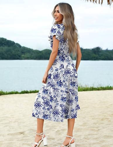Image of Zeagoo Women's Summer Casual Dress Flutter Short Sleeve V Neck Button Down Tiered Flowy Long Dress with Pockets