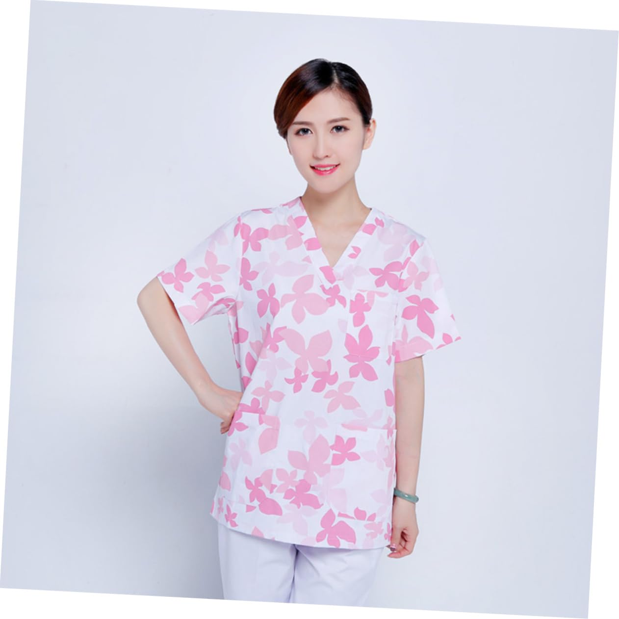 SHERCHPRY Uniforme da Lavoro Donna in Cotone Rosa, Completo Allattamento Scollo a V, Traspirante e Comodo, Set Due Pezzi per Clinica e Ospedale