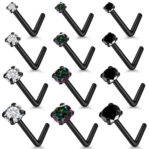 18G 20G Black Nose Rings Studs Piercing Jewelry for Women 316L Surgical Steel L Shaped Screw Straight Diamond CZ Nose Rings Studs Nostril Piercing Jewelry for Women Men Hypoallergenic