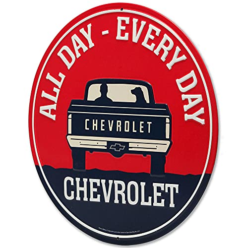 Image of Chevrolet All Day Every Day Round Embossed Metal Sign - Chevy Truck Wall Art for Garage, Shop, or Man Cave