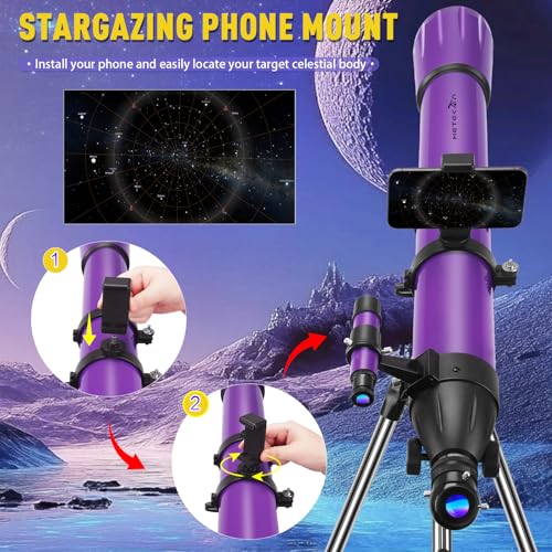 Image of HETEKAN Telescope, Telescope for Adults High Powered, 90mm Aperture 1000mm Refractor Telescopes for Beginners, Magnification 500X, with Three Eyepieces, Phone Adapter & Carrying Bag (Purple)