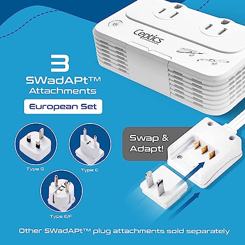 Image of Ceptics European Travel Voltage Converter, 200W Adapter for Curling Iron, Straightener, Chargers, Step Down World Power Plug - 4 USB Charging QC 3.0 - SWadApt Compatible - Type C, E /F, G Included