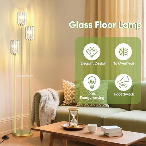 Crystal Gold Standing Floor Lamp with Shelves for Living Room 67" Tall by VOUTOORO - Used condition - US$79.11