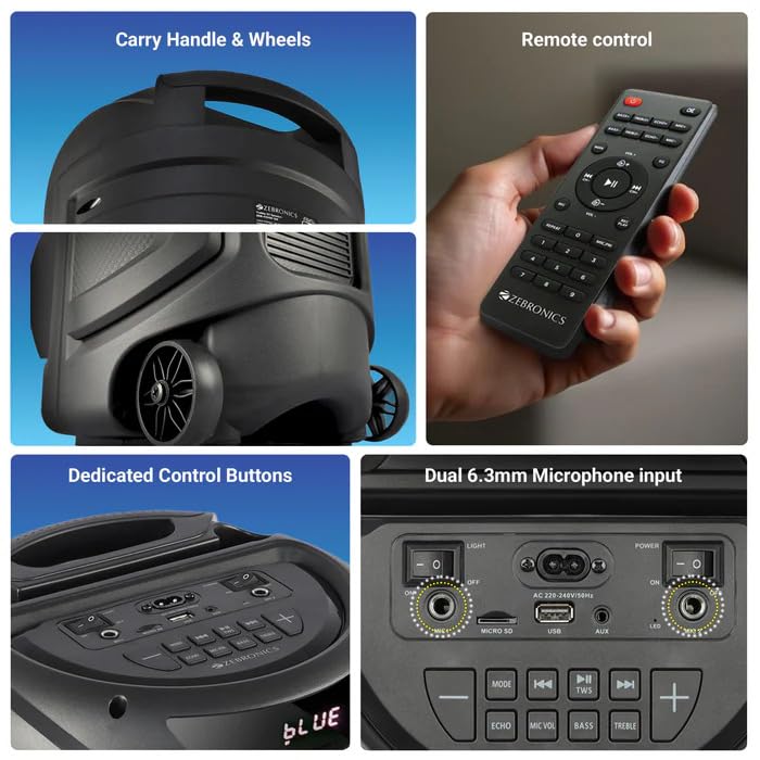 ZEBRONICS Zeb Vigor 100 Tower Speaker with Carry Handle, Wheels, Remote Control, and Control Panel