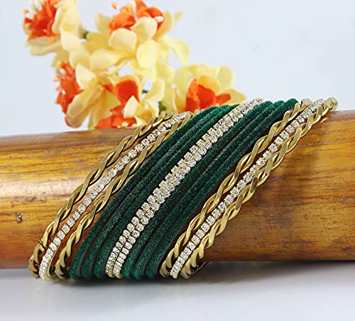 Image of NMII Gold Plated Metal Velvet Bangles Set For Women & Girls with Zircon Gemstone Studded | Traditional Women's Bangles | Designer Gold Bangles | Fashion Jewellery- Set of 28