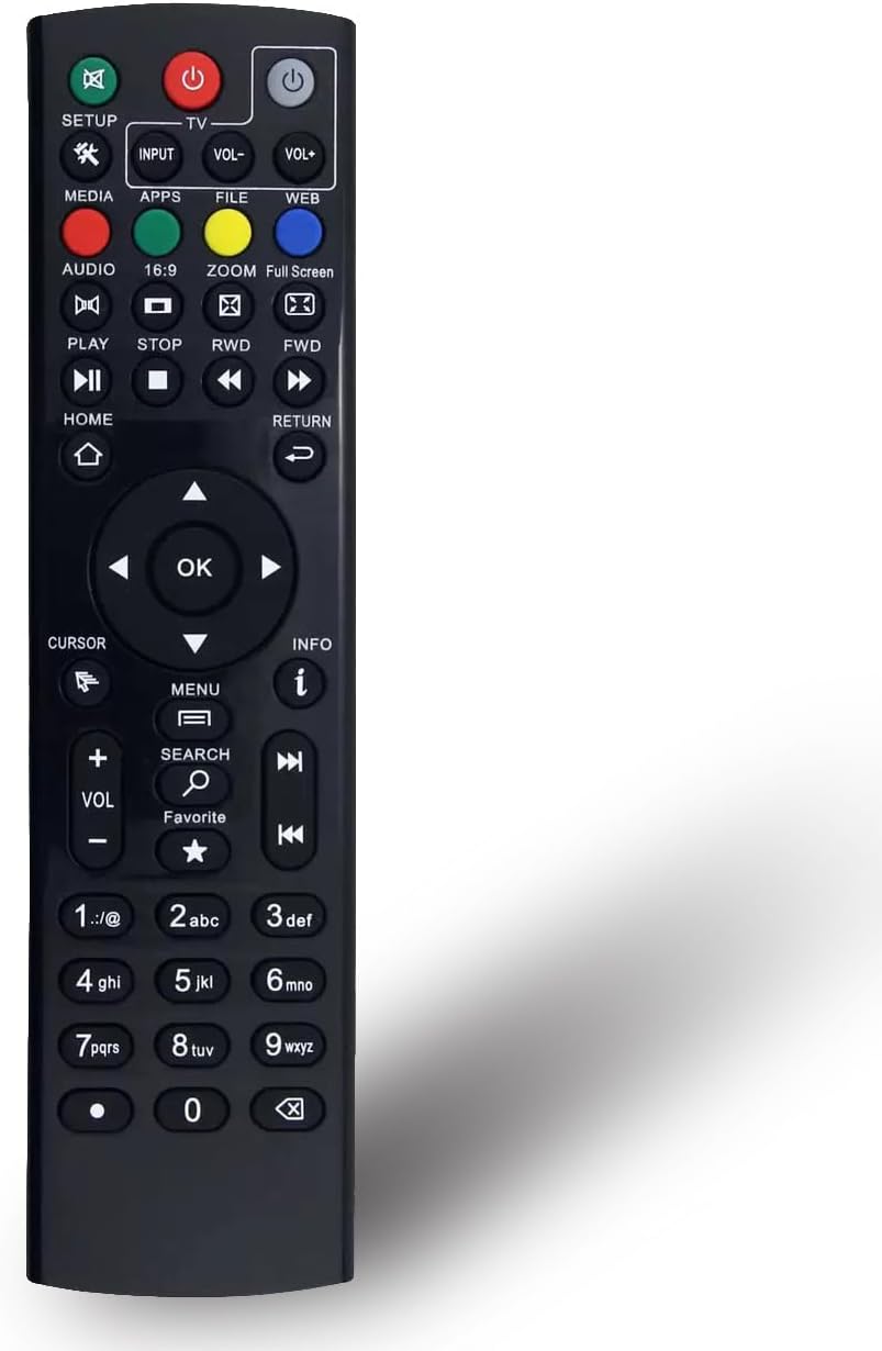 Front view of the MONSIATUG universal replacement remote control showing all buttons and their labels.