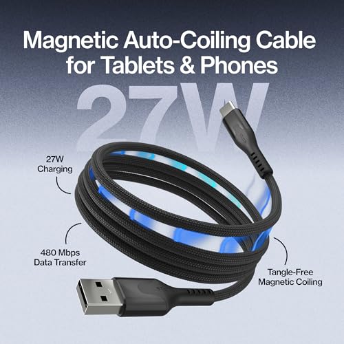 Image of Statik MagStack USB A to USB C Coiling Magnetic Charging Cable, 27W | Nylon Braided Tangle-Free Design, Magnetic Coiling, Data Transfer, Compatible with iPhone & Android, 3FT Black, 5 Pack