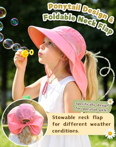 Image of Rosoz Kids Sun Hat with Neck Flap UV Protection Summer Toddler Beach Hat Unisex Ponytail Hat Wide Brim Fishing Hat