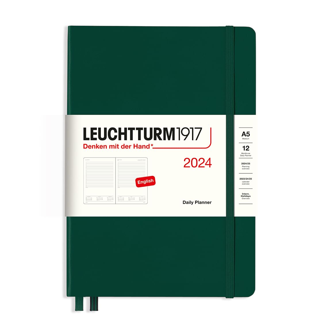 LEUCHTTURM1917 - Daily Planner 2024 with extra booklet, Medium (A5) Hardcover, Forest Green (Jan 1 - Dec 31, 2024)