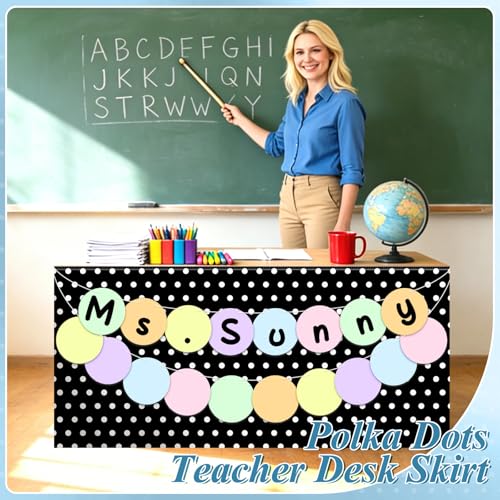 Image of 9FT Black Base White Polka Dot Table Skirt Set with 18PCS Pastel Paper Circles Teacher Desk Skirt for Classroom Decor Back to School Party Supplies Rectangle Cabinet Curtain for Office Dorm