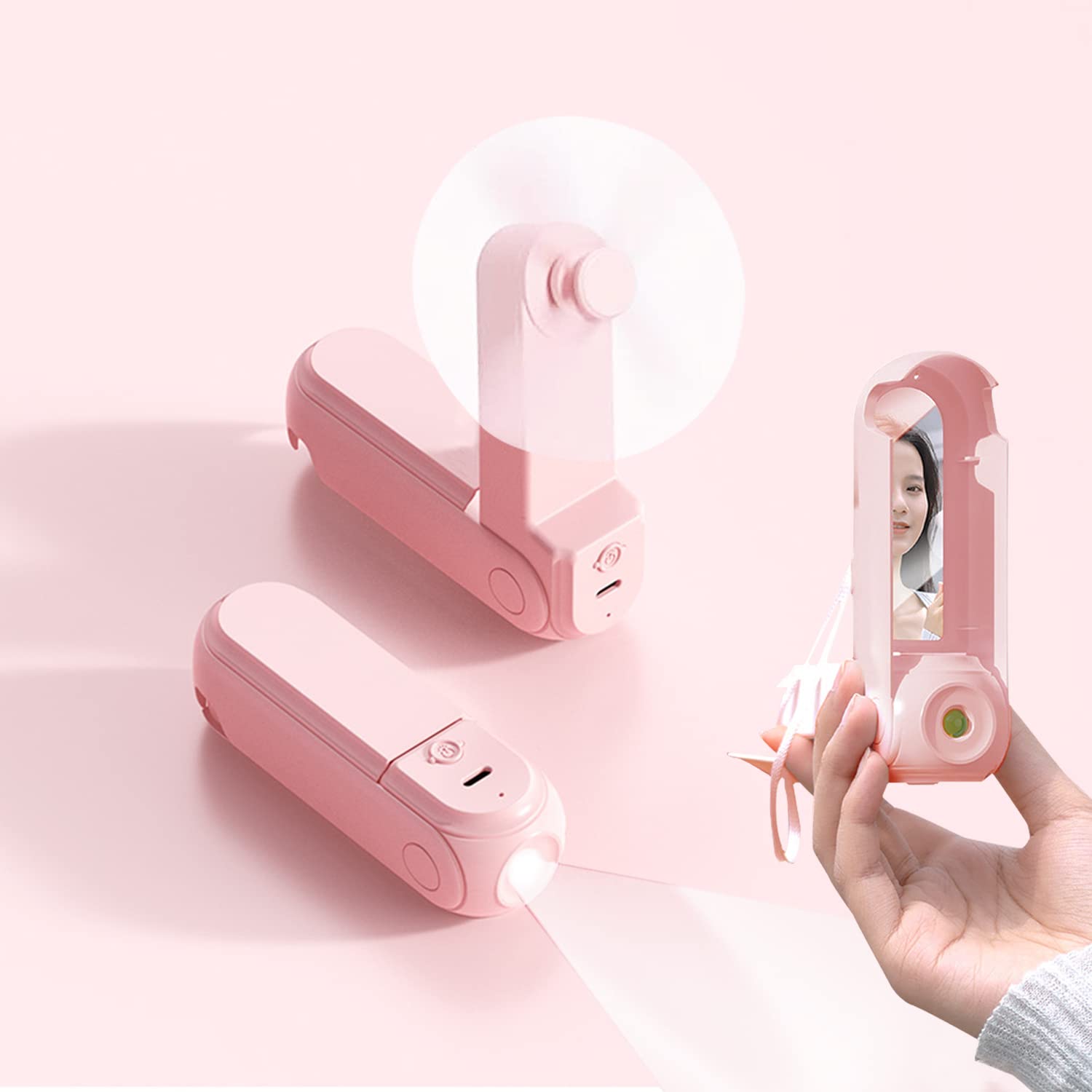 Adofous Handheld Fan, 4 IN 1 Portable Personal Fans with Mirror Flashlight Phone Holder, Mini Foldable Pocket Desk Fan, USB Rechargeable Battery Operated, 6-20 Work Hours for Travel Camping (Pink)