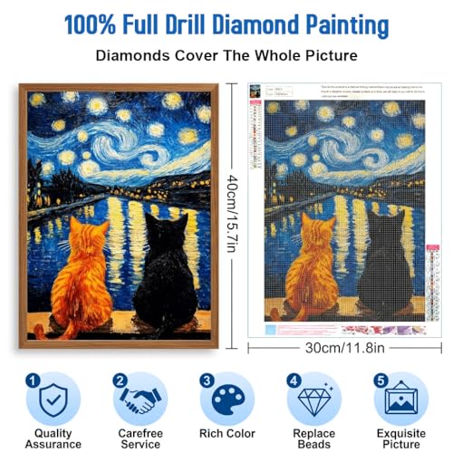 Image of HASTHIP DIY Diamond Painting Kit for Adult, Cat Starry Night DIY Diamond Art Canvas with Sparkling Resin Rhinestones, Craft Set Unframed Handmade Wall Decor Gift, 30x40cm