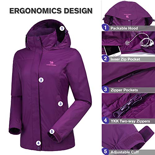 Camel Crown Womens Waterproof Rain Jacket Lightweight Hooded Windbreaker Windproof Rain Coat Shell For Outdoor Hiking Traveling Purple L #TOP2