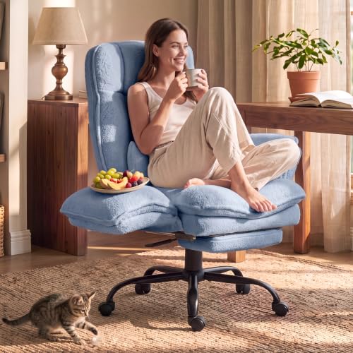 Image of Wider Seat Office Chair with Flip Armrests for Criss Cross Legged&Cats, Big and Tall Executive Ergonomic Reclining Chair with Footrest&Lumbar Pillow, Teddy Fleece Desk Chair, Blue Vanity Chair