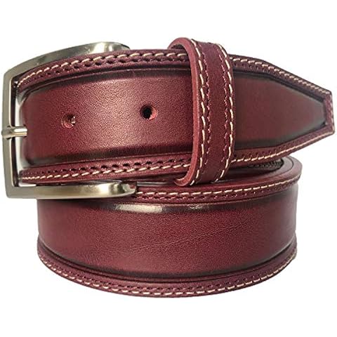 MENS BELT BURGUNDY DOUBLE STITCHED 100% ITALIAN FULL GRAIN SINGLE SKIN HIDE LEATHER 40MM FORMAL CASUAL JEANS TROUSERS CHINOS SHORTS (XXL 42-46 INCHES) Cover