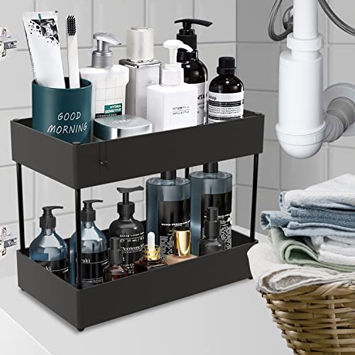 SANTUKEY Under Sink Organizers and Storage, 2 Tier Under Sink Shelf Organizer Rack with Hooks, Under Cabinet Storage, Bath Collection Baskets, Multi-purpose Under Sink Organizer for Bathroom Kitchen