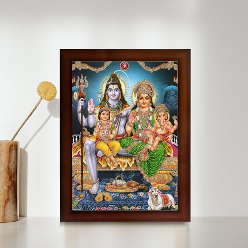 Image of Shiv Parivar Religious Wood Wall Mount Rectangular Photo Frame With Acrylic Glass (Brown, 6 X 8 Inches)