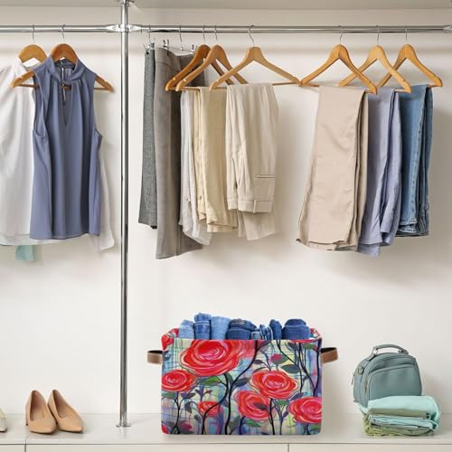 YETTASBIN Red Rose Storage Basket 2PCS, Large Collapsible Toys Clothes Organizer, Long-Lasting Canvas Storage Bin with Handle for Shelves Closet Laundry Home Office Decor