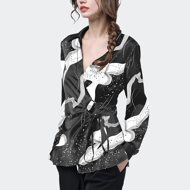 Hauts en Satin pour Femmes, Ample, Grande Taille, col Rabattu, tempérament en Dentelle, Chemises décontractées imprimées Assorties avec Tout (Couleur comme sur l'image L)