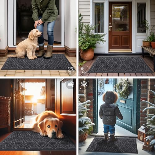 Smiry Front Door Mat Outside Entrance, Heavy Duty Natural Rubber Doormat, Trap Dirt and Moisture Easy Clean Low Profile Patio Porch Welcome Floor Mats for Entry, 29.5x17 Inch, Grey