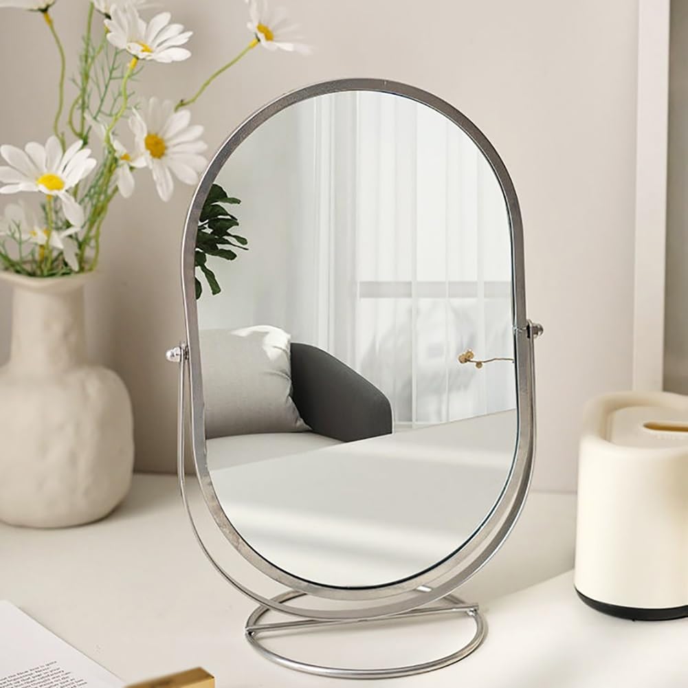 Srebrne owalne lusterko kosmetyczne z żelazną ramą, obracane o 360°, lusterko do makijażu do sypialni, biura, komody, na biurko, dekoracja i niezbędne akcesoria kosmetyczne