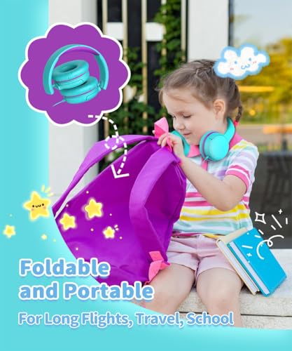 Image of Wired Kids Headphones with Mic, Foldable, Volume Control Safe Listening(85 /94dB), 3.5mm Jack on-Ear Headset for Chilren /Teens /Boys /Girls /School /Travel /Plane /Tablet /Ipad /Laptop, GreenPurple