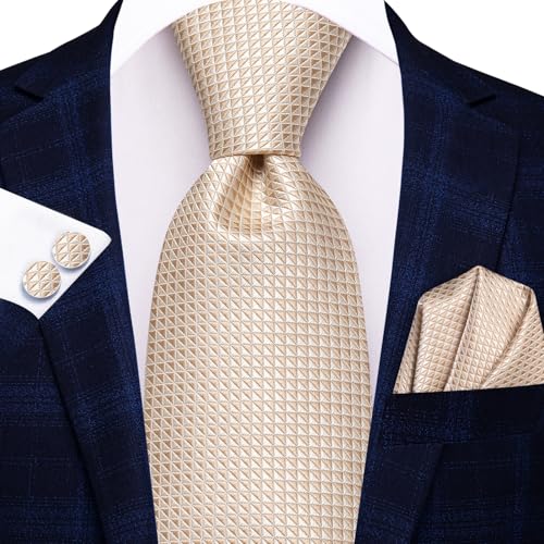 Image of Hi-Tie Mens Plaid Ties Classic Paisley Necktie with Handkerchief Cufflinks Set Business Stripe Tie
