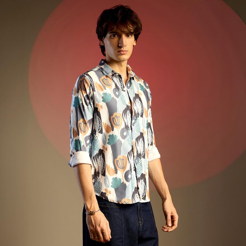 Image of CAHOOT Men's Foliage Strokes Shirt for Casual Wear | Spread Collar | Long Sleeve | Button Closure | Shirt Crafted with Comfort Fit for Everyday Wear