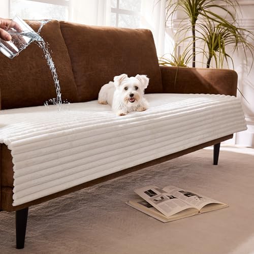 Meider Waterproof Dual Non-Slip Couch Cover for Dogs, Fuzzy Soft Pet Couch Covers for 2 Cushion Sofa loveseat, Pet Friendly Soft Dog Bed Covers Sofa Cover Washable (White, 33" x 62" 1 Pack)