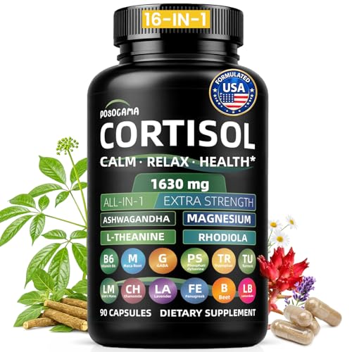 POSOCAMA Cortisol Supplements for Women and Men High Cortisol Reducer with 500mg Ashwagandha Magnesium Rhodiola & L-Theanine-Supports Cortisol Calm Sleep & Stress Relief90 Ct