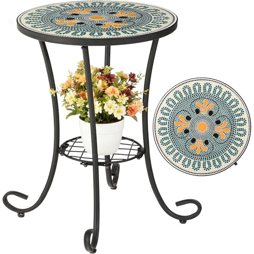 Ultym Side Table Outdoor, Mosaic Patio Table with Planter Stand,