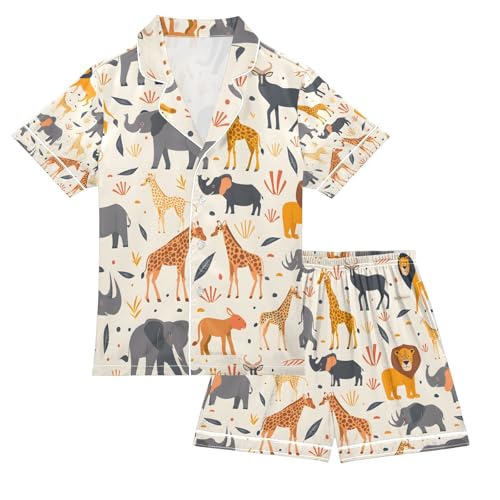 senya Lion Elephant A Satin Summer Pajama Sets Silk Short Sleeve Button Down Sleepwear