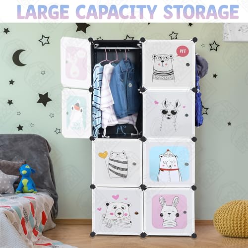 Image of ABOUT SPACE Plastic Kids Wardrobe - DIY 8 Cube Almirah with Cartoon Door, Side Cloth Hanger, Door Magnet & Hamer - Collapsible Baby Clothes Organizer| Storage for Baby Clothes Boys Girls - Black
