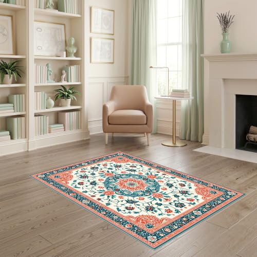 ODIKA 4'x6' Teal Coral Medallion and Floral Ultra-Soft Area Rug