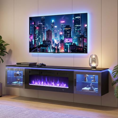 Nordivale 70 Floating TV Stand with 36 Electric Fireplace Wall Mounted Fireplace Entertainment Center with Storage for TVs Up to 80 Fireplace TV Stand for Living RoomBlack&Black