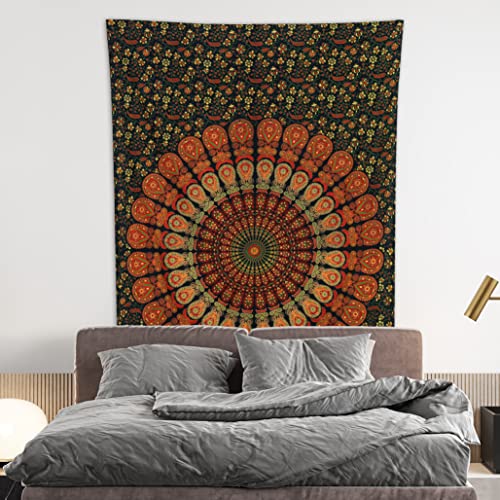 Bless International Indian hippie Bohemian Psychedelic Peacock Mandala Wall hanging Bedding Tapestry (Golden Green, 182.88L X 137.16W cm)