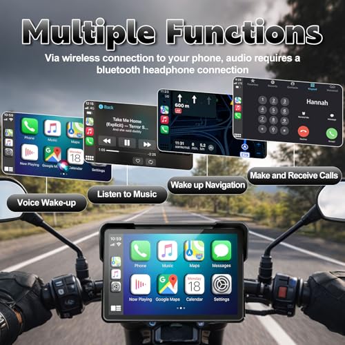 Image of YZW Portable 7 inch Wireless Motorcycle Carplay GPS Screen with Android Auto, Navigation System Quick Release, Anti-thef, Bluetooth, Siri, Google Asistant, Light Sensor, Music Sharing,Vioce Control