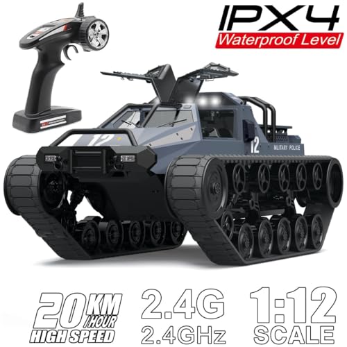 Image of RC Tank Car, 1:12 Remote Control Crawler 12KM /H High Speed Tank, 2.4Ghz RC Rock Crawler Off-Road 4WD 360Rotating Drifting Car with Rechargeable Battery,Military Truck Toy (RC Tank)