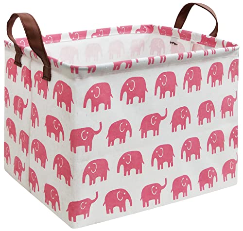 HIYAGON Rectangular Elephant Basket for Baby Kids Pink Basket Fabric Collapsible Storage Bin for Organizing Toys Nursery Clothing Books Gift (Pink Elephant)