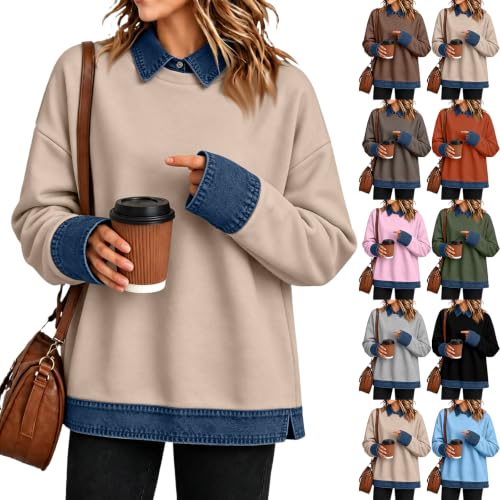 Womens Polo Shirts Button Denim Patchwork Collared Long Sleeve Tops - image 1