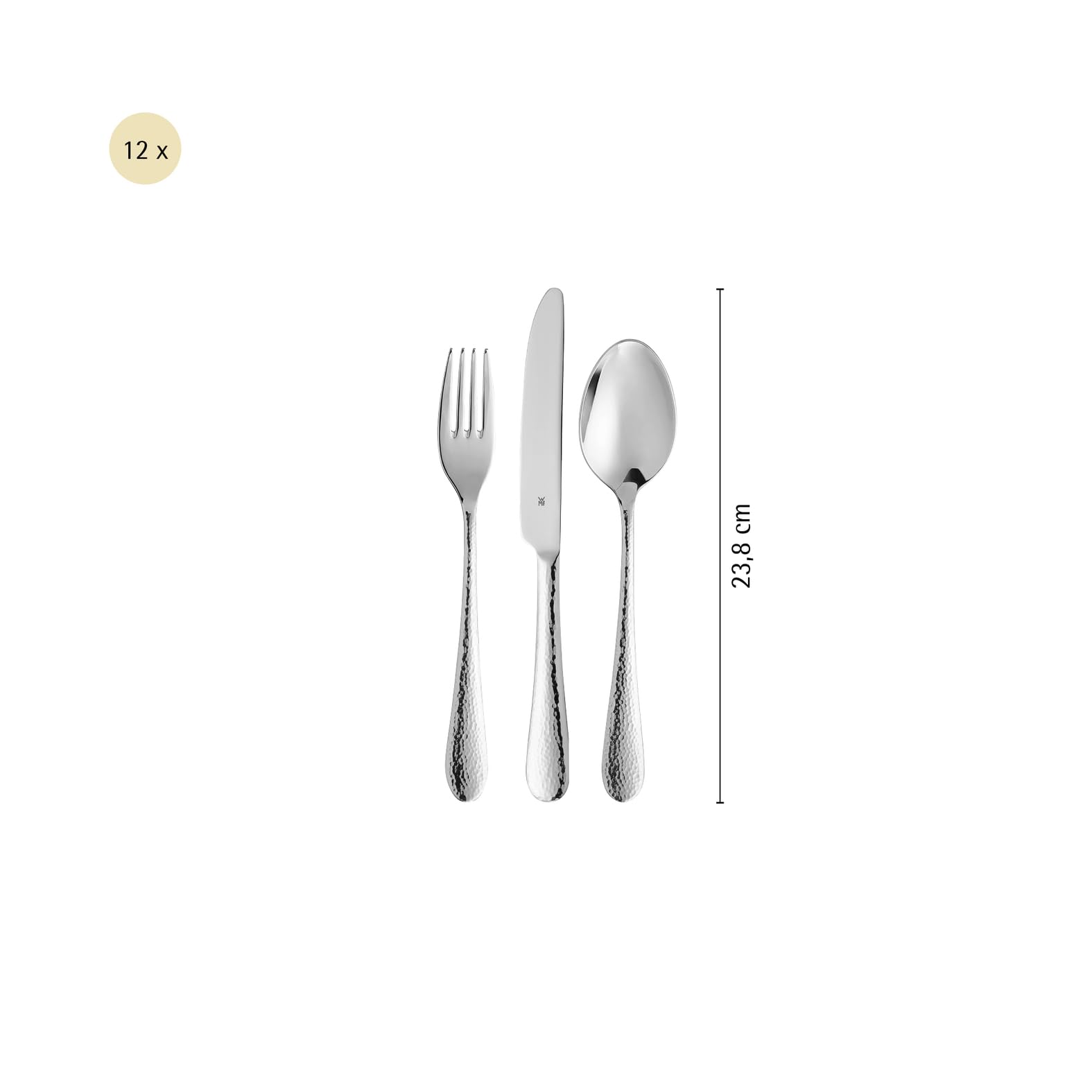 WMF Sitello Besteck Set 12 Personen, Cromargan, Essbesteck Set 60 teilig, Monobloc-Messer, Cromargan Edelstahl poliert, Hammerschlag, ergonomisch, glänzend, spülmaschinengeeignet, silber