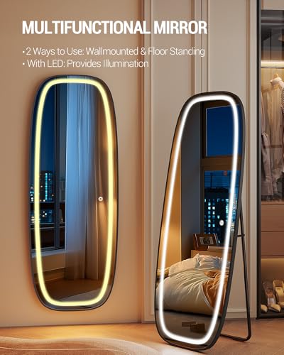 Hzuaneri Espejo de Cuerpo Entero con Luz LED, 160 x 50 cm, Espejo de Pie Curvo, Espejos de pie con Soporte, 3 Colores de luz, Brillo Ajustable, Ideal para Dormitorio o Salon, Negro DM41801B - imagen 3