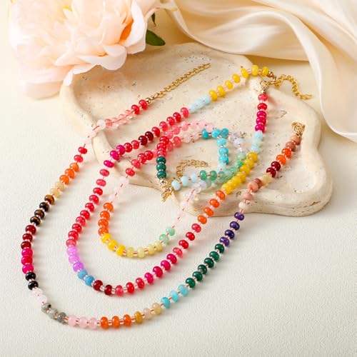 3 Pcs Boho Bead Chokers - Colorful Rainbow Beaded Gemstone Necklaces for Women Natural Stone Necklaces for Summer Beach Jewelry Gift4