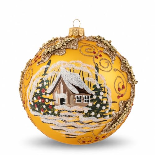 Hand Blown Glass Ball Christmas Ornament, 5 in, Mistletoe Leaves Gold