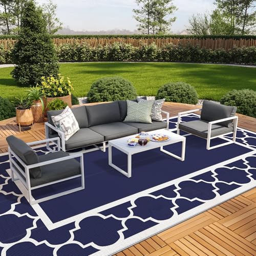 Image of GENIMO Outdoor Rug, Waterproof Plastic Rugs 10'x20' for Camping Blue White | Outside Larger Modern Carpet Mat for Patio Decor, RV, Porch, Camper, Deck, Picnic, Beach, Backyard, Reversible, Foldable
