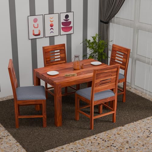 Image of 45 Inch Length Solid Sheesham Wood 4 Seater Dining Table Set | Four Seater Dinner Table with 4 Cushions Chairs | Dinning Table Set 4 Seater for Living Room | Table & Chair Set | Honey Finish