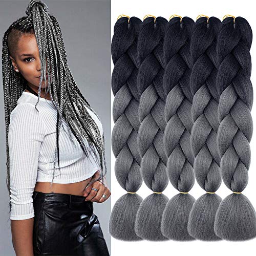 KETHBE Jumbo Braiding Hair Extensions High Temperature Ombre Twist Synthetic Hair Multiple Tone Colored Jumbo Braiding Hair(Black to Deep Grey)