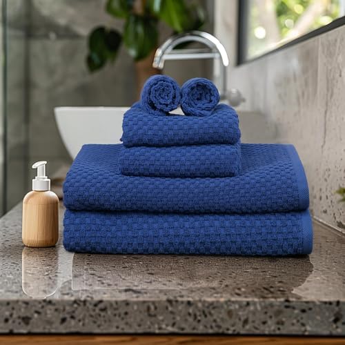 COTTON CRAFT Waffle 6 Piece Towel Set - 100% Cotton - 2 Oversized Luxury Euro Spa Waffle Weave Large Bath Towels, 2 Hand Towels, 2 Washcloths - Absorbent Quick Dry Hotel Bathroom Shower Pool - Blue - Thumbnail 4