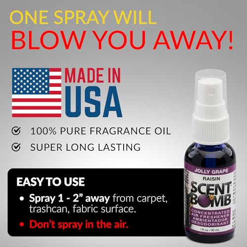 Image of Scent Bomb Air Freshener Spray, Long-Lasting Odor Eliminator - Effective Deodorizer for Home & Car, Fresh Room Spray for Kitchen, Bathroom & Smell Neutralizer - 1 oz Pack of 4, Jolly Grape Scent