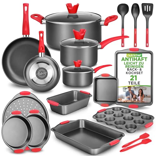 NutriChef Töpfe & Pfannen Set, 21-teiliges Antihaft Koch und Backset inkl. Muffinform, Brot & Pizza Blech, Utensilien, für Gas-, Elektro- & Keramik, für Moderne Haushalte & Hobbybäcker, Schwarz